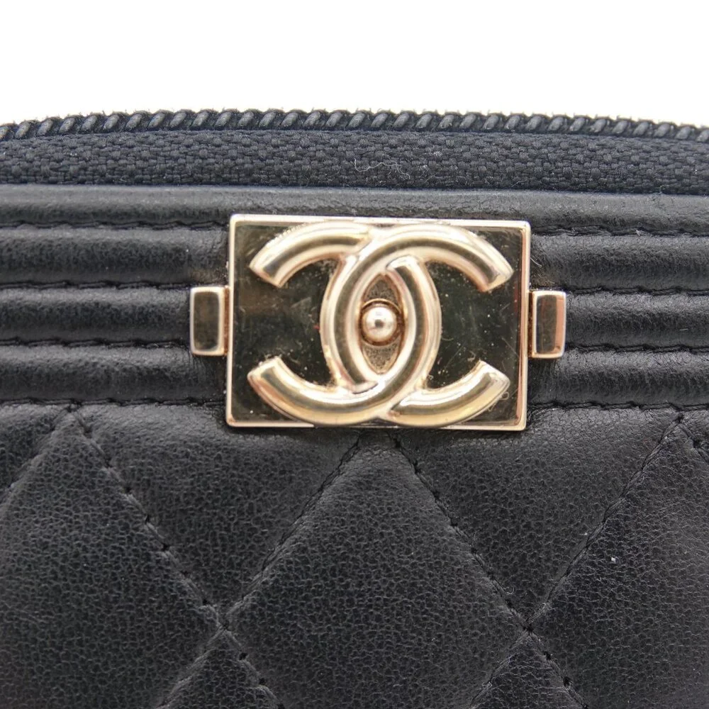Chanel Boy Zip Around Coin Purse Wallet Lambskin Black